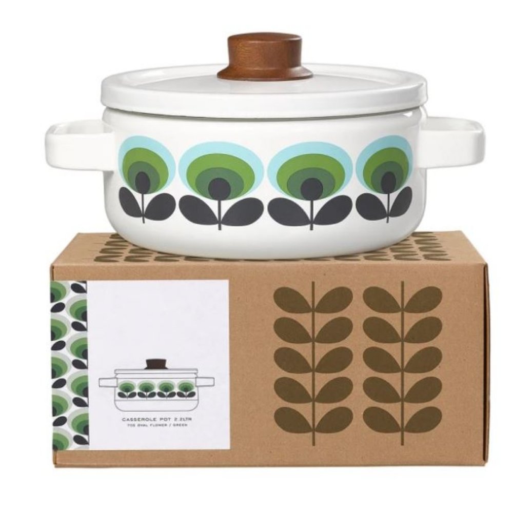 NIB Orla Kiely Enamel Casserole Cooking Pot Dish Medium 70 s Oval Flower Green